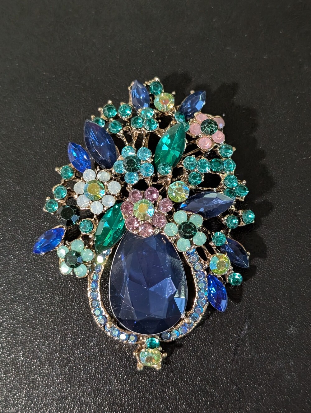 Multicolor Crystal Floral Statement Brooch – Blue & Teal